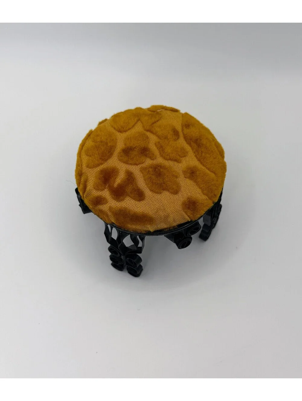 1:6 Scale Handmade Tramp Art Dollhouse Stool Gold Velvet Black Scroll Ottoman